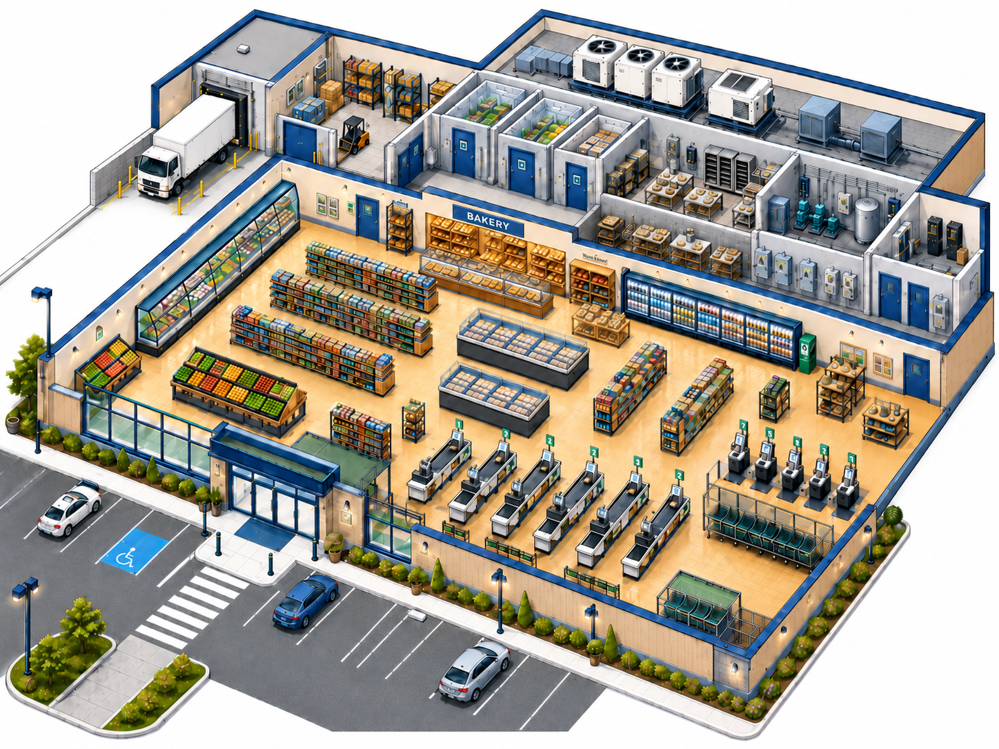 Isometric cutaway of a supermarket — sales floor, refrigeration, back-of-house and rooftop HVAC
